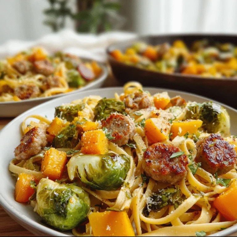 Autumn Dinner with Sausage Pasta, Brussels Sprouts & Butternut Squash – Cozy, Rustic, and Full of Fall Flavor