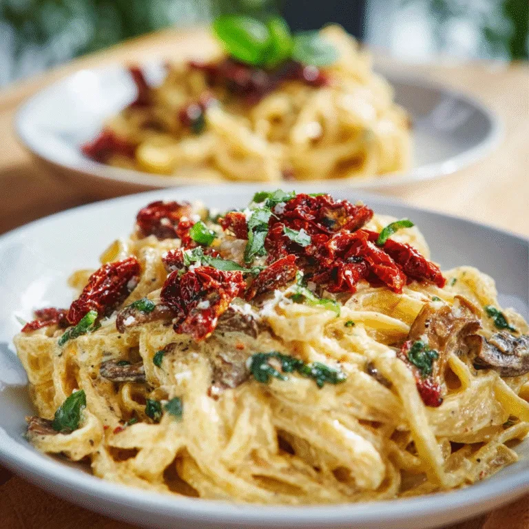 Sun-Dried Tomato & Mushroom Pasta in Garlic Basil Cream Sauce – Cozy, Creamy, and Ready in 30 Minutes