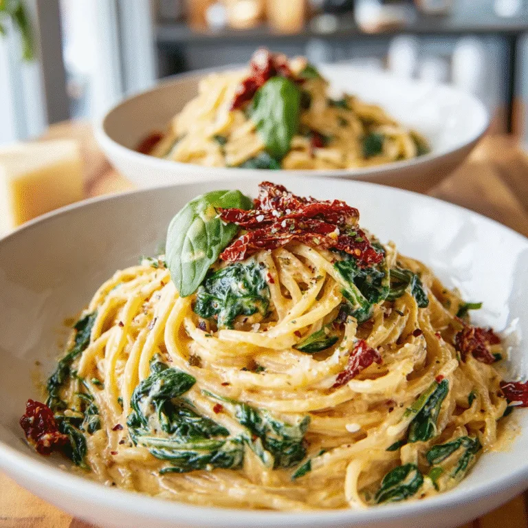 Spaghetti & Spinach with Sun-Dried Tomato Cream Sauce – A Cozy Italian-Inspired Classic