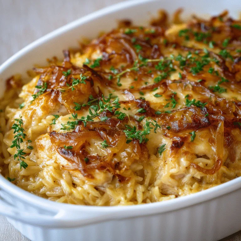 French Onion Chicken Orzo Casserole – Cozy, Cheesy Comfort in Every Bite
