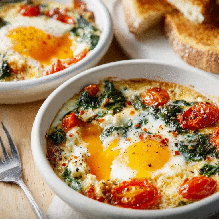 Baked Feta Eggs with Spinach and Tomatoes – A Cozy Mediterranean-Inspired Breakfast