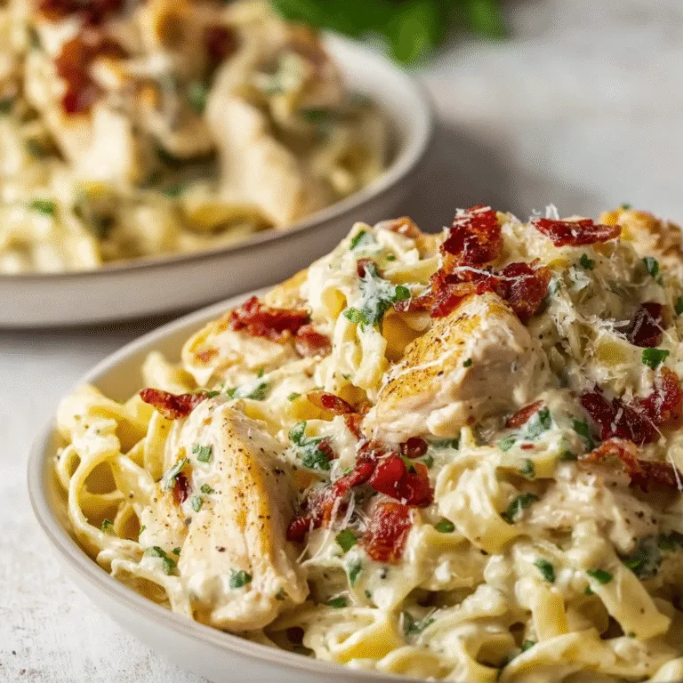 Creamy Chicken Alfredo Pasta with Sun-Dried Tomatoes, Spinach & Bacon – Rich, Cozy, and Irresistible