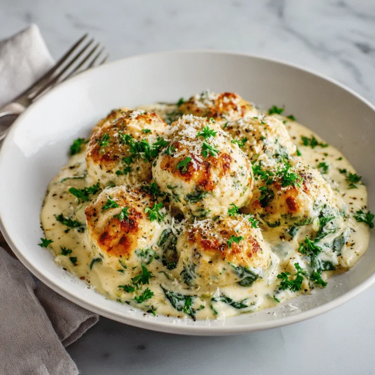Baked Chicken Ricotta Meatballs with Spinach Alfredo Sauce
