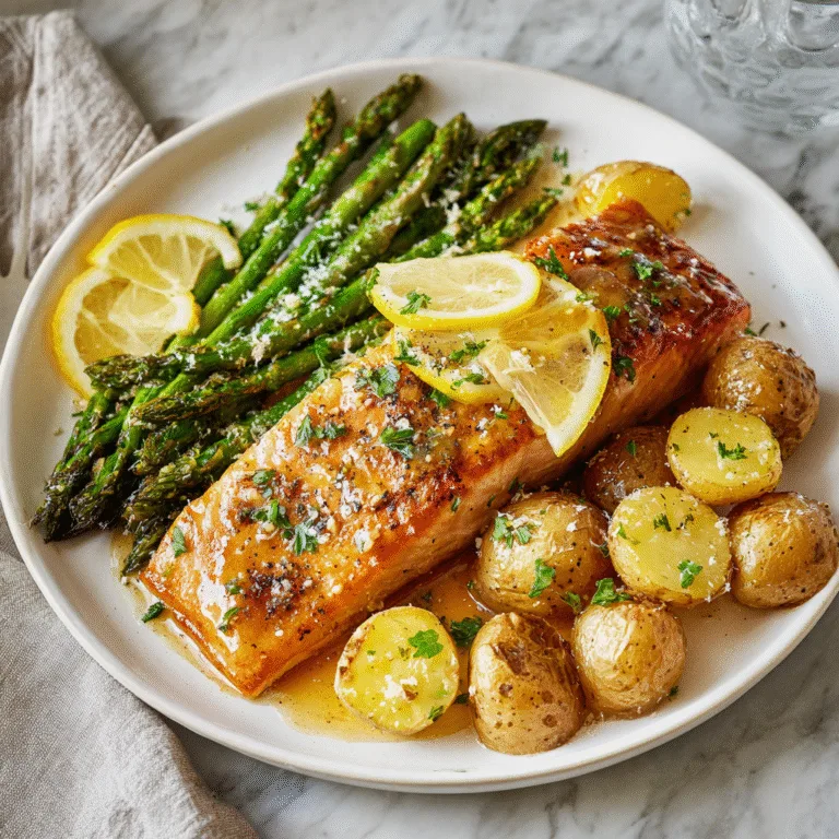 Sheet Pan Lemon Brown Butter Salmon with Potatoes & Parmesan Asparagus