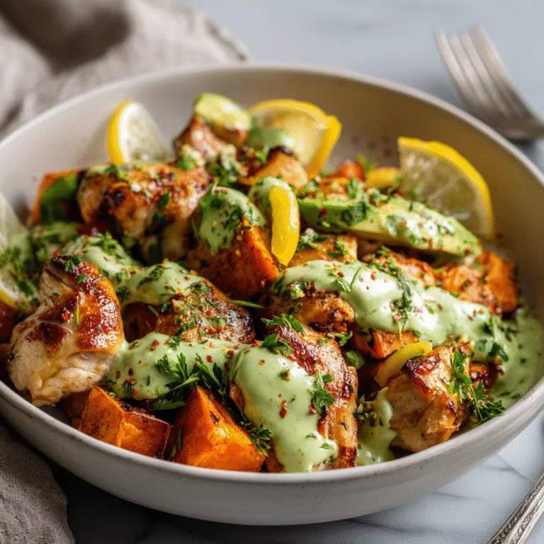 Sheet Pan Lemon Chicken with Sweet Potatoes & Avocado Goddess Sauce