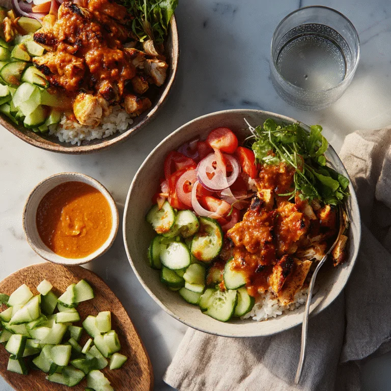 Chicken Bowls with Tomato Cucumber Salad and Calabrian Chile Sauce