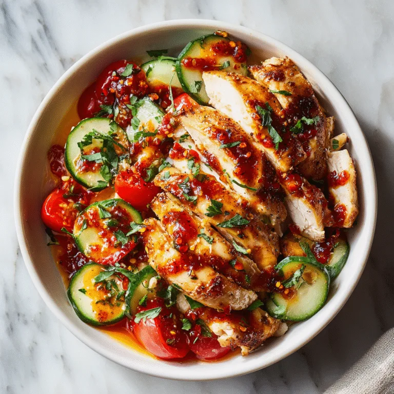 Chicken Bowls with Tomato Cucumber Salad and Calabrian Chile Sauce