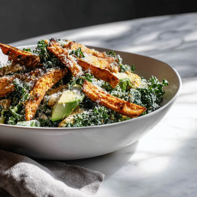 Avocado Kale Caesar Salad with Sweet Potato Fries – A Bold, Nourishing Twist on a Classic