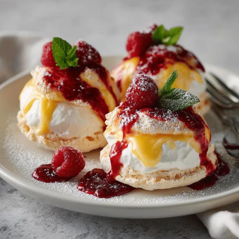 Pavlova Bombs – Mini Pavlovas Filled with Lemon Curd and Raspberry Coulis