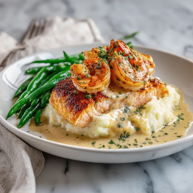 Cajun Shrimp and Salmon with Garlic Cream Sauce, Mashed Potatoes & Green Beans