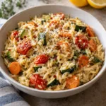One-Pot Creamy Lemon Garlic Orzo with Roasted Vegetables