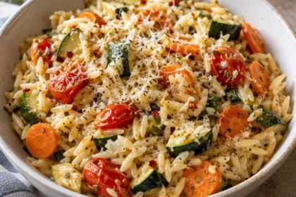 One-Pot Creamy Lemon Garlic Orzo with Roasted Vegetables
