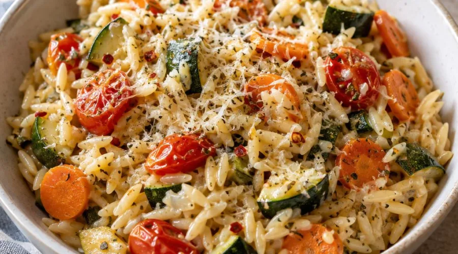 One-Pot Creamy Lemon Garlic Orzo with Roasted Vegetables