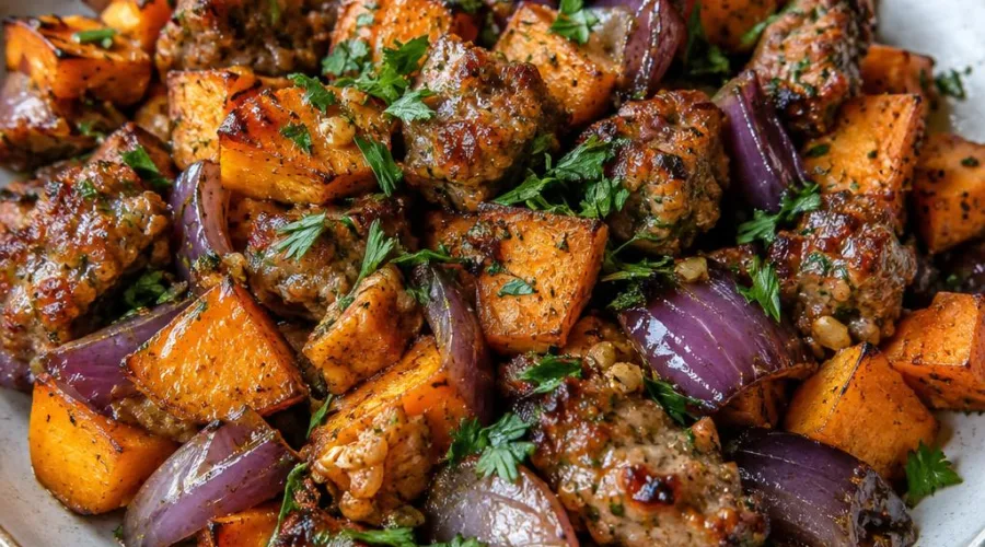 Sheet Pan Honey Glazed Sausage and Sweet Potatoes