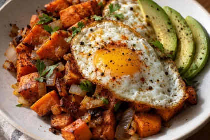 Spicy Sweet Potato Hash with Fried Eggs and Avocado