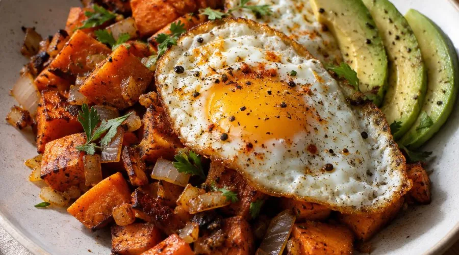 Spicy Sweet Potato Hash with Fried Eggs and Avocado