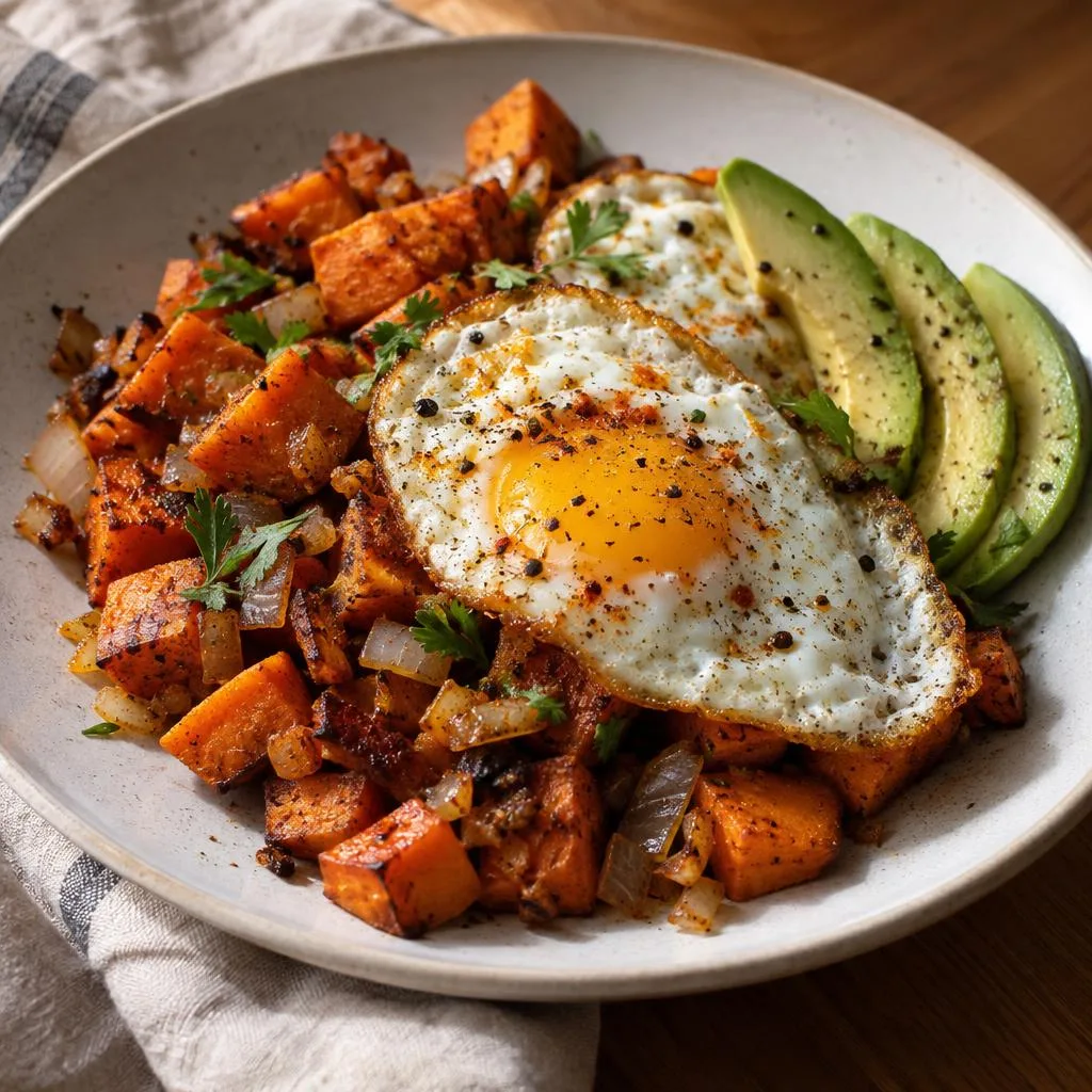 Spicy Sweet Potato Hash with Fried Eggs and Avocado
