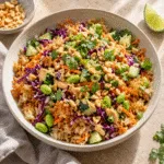 Crispy jasmine rice with cabbage, carrot, cucumber, edamame and peanut-chili dressing.