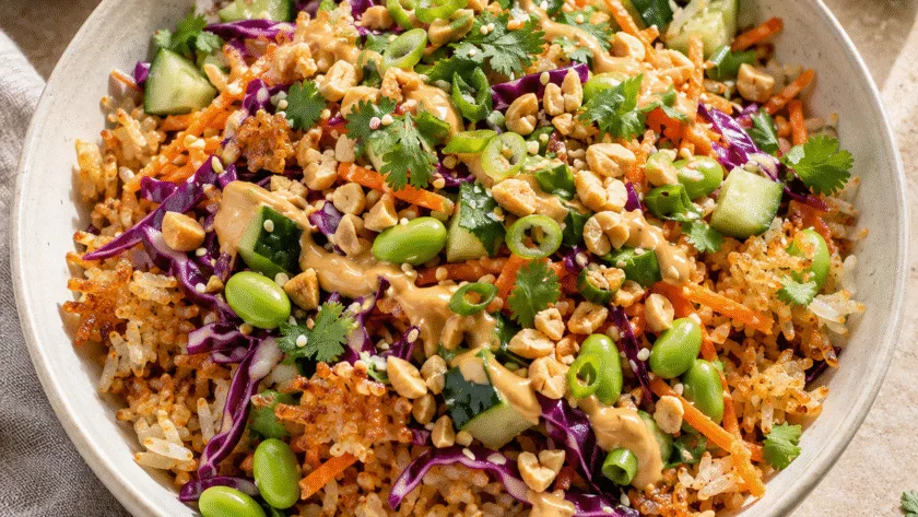 Crispy jasmine rice with cabbage, carrot, cucumber, edamame and peanut-chili dressing.