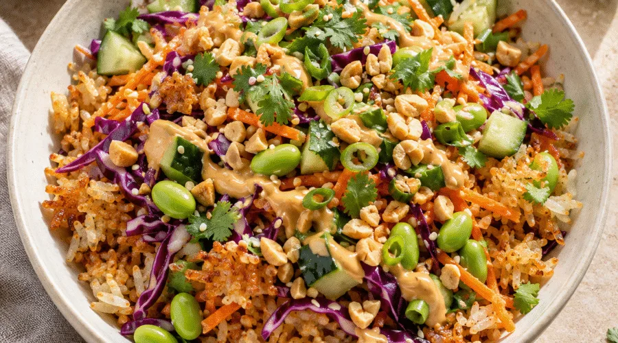 Crispy jasmine rice with cabbage, carrot, cucumber, edamame and peanut-chili dressing.