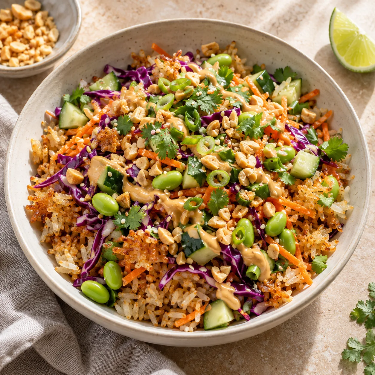Crispy jasmine rice with cabbage, carrot, cucumber, edamame and peanut-chili dressing.