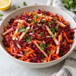 Shredded raw beet and carrot salad with apple matchsticks, sunflower seeds and parsley.