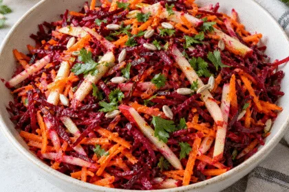 Shredded raw beet and carrot salad with apple matchsticks, sunflower seeds and parsley.