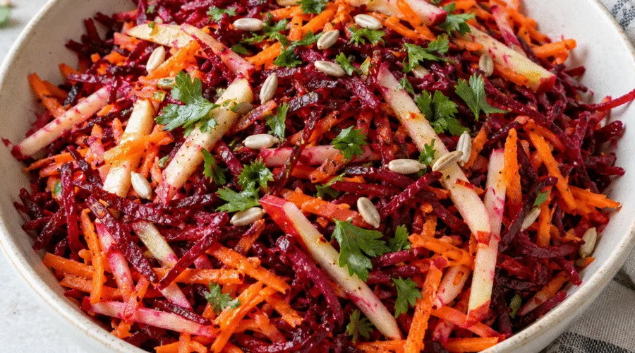 Shredded raw beet and carrot salad with apple matchsticks, sunflower seeds and parsley.