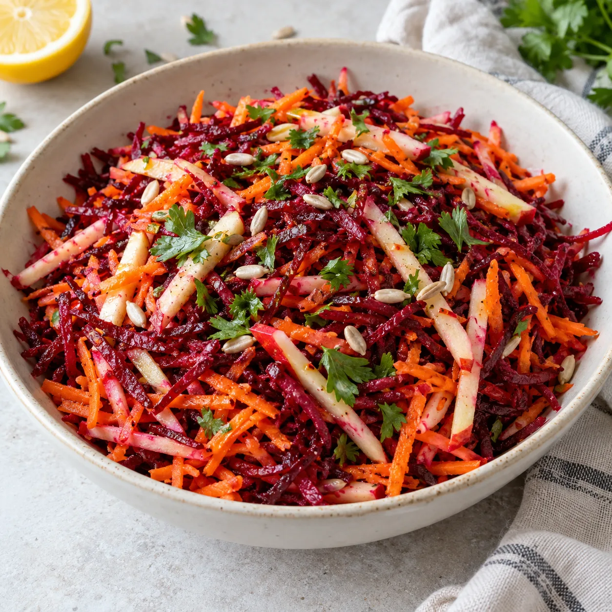 Shredded raw beet and carrot salad with apple matchsticks, sunflower seeds and parsley.