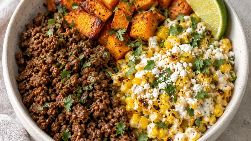 Bowl of seasoned ground beef, roasted sweet potato cubes and creamy charred corn with cotija and lime.