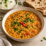 Golden lentil dal with tomato, cilantro and sliced red chili, served with rice and flatbread.