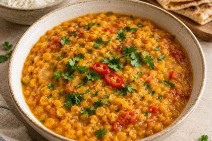 Golden lentil dal with tomato, cilantro and sliced red chili, served with rice and flatbread.